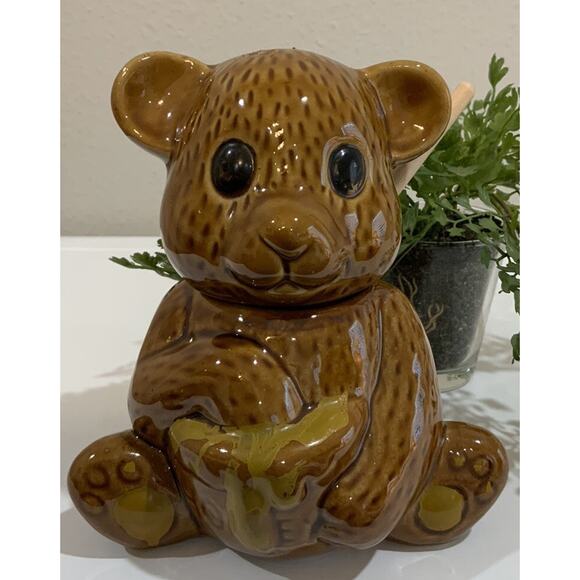 Vintage Ceramic Brown Teddy Bear Honey Pot Jar Made in Taiwan W/Dipstick - Picture 1 of 10